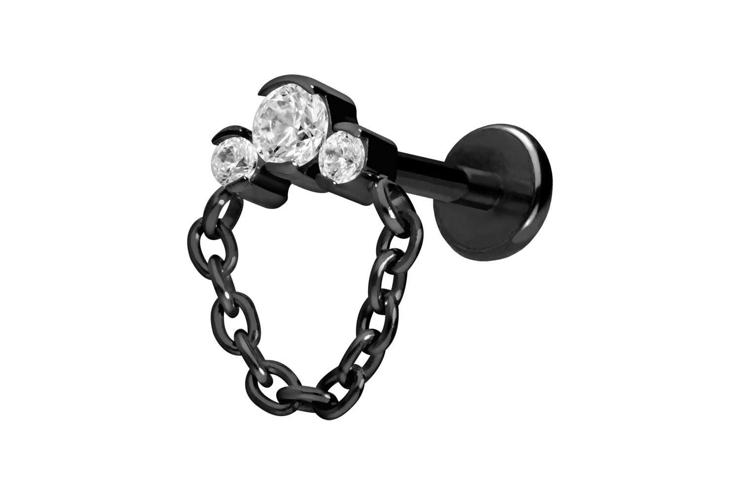 Titan Labret Piercing mit Push Fit 3 EINGEFASSTE KRISTALLE + KETTE